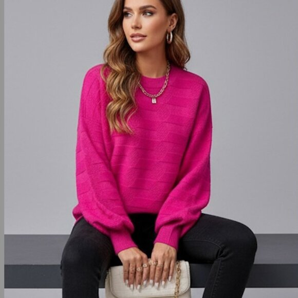 Pink Drop Shoulder Textured Knit Sweater - Picture 3 of 7